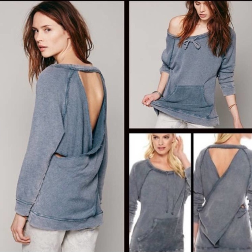 Free People Washed Blue Open-Back Sweatshirt